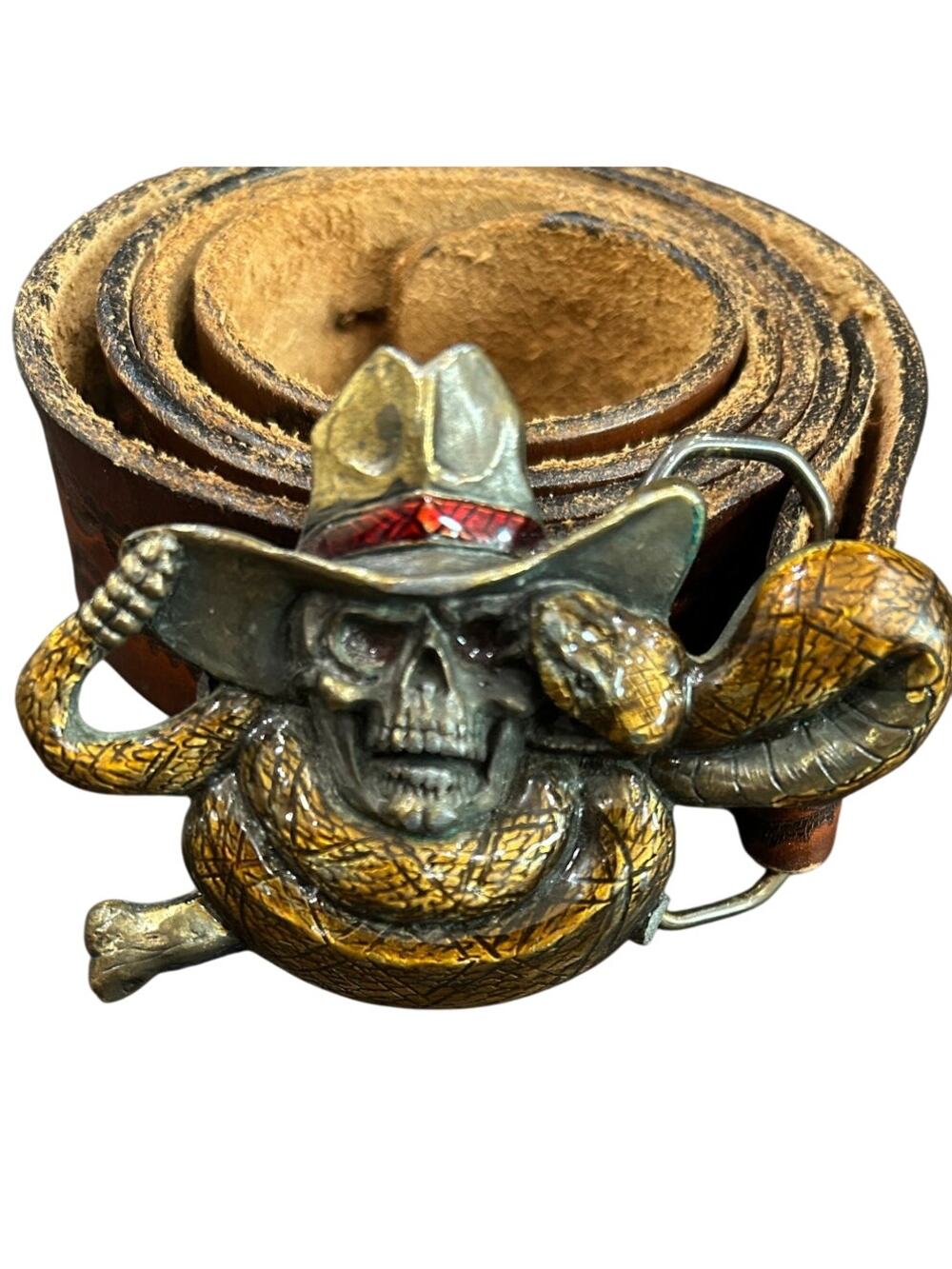 Skeleton in cowboy hat with Diamond back snake leather belt
